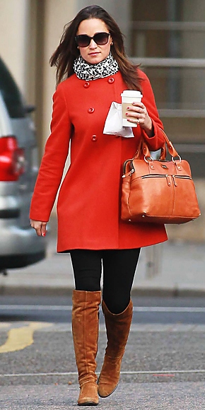 Pippa Middleton in an orange red Zara coat leggings suede knee boots 