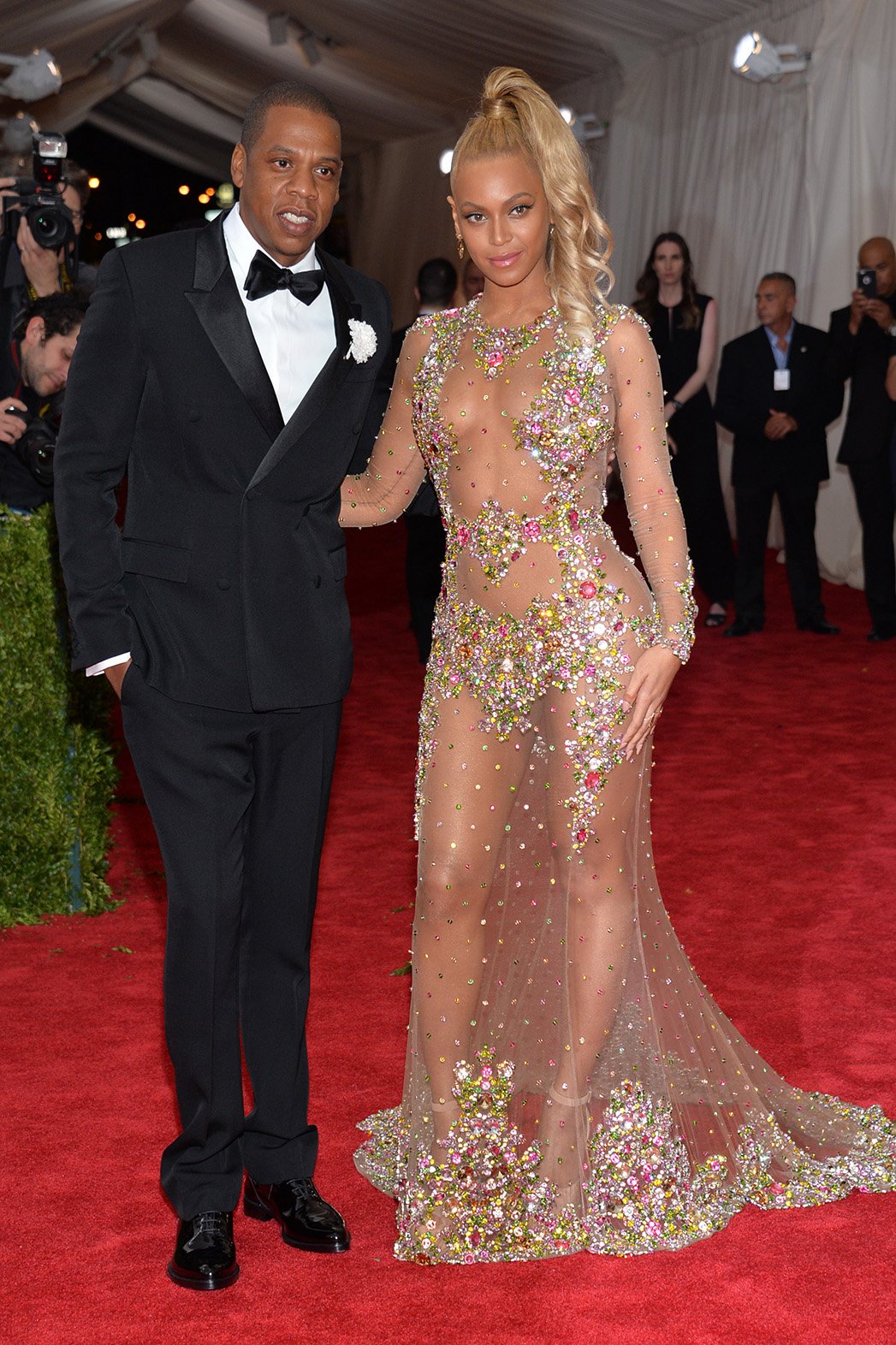Beyonce in a sheer lace & embellished Givenchy gown & Jay-Z at the 2015 Met  Gala. 01. | Style Darling Daily