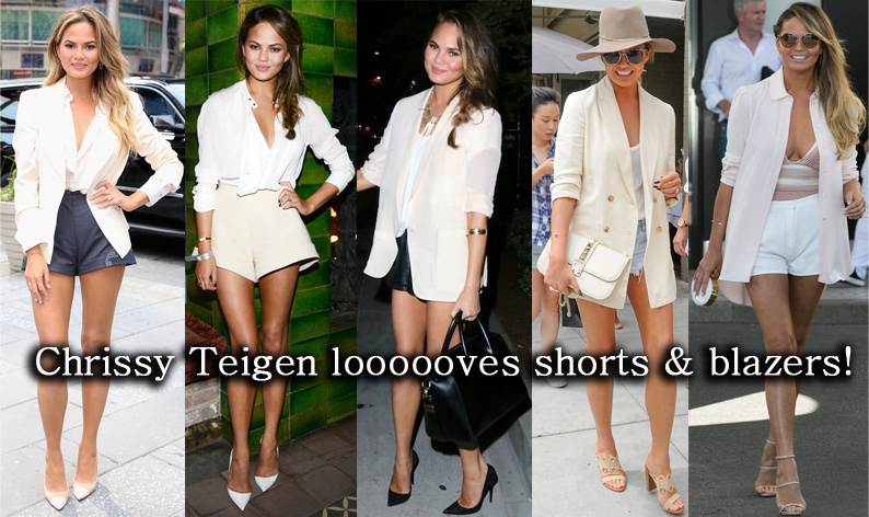 Chrissy Teigen in shorts, a blazer, & heels. 