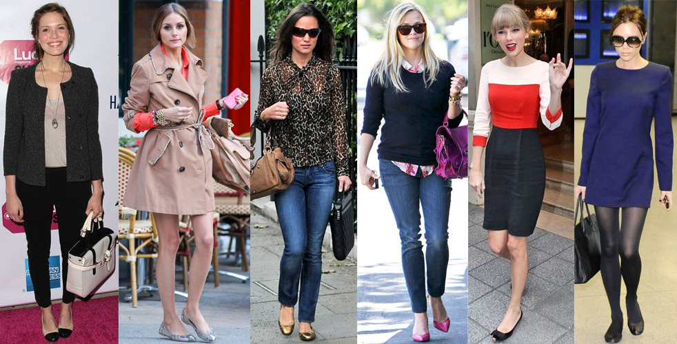 Mandy Moore, Olivia Palermo, Pippa Middleton, Reese Witherspoon, Taylor Swift, & Victoria Beckham in flats.