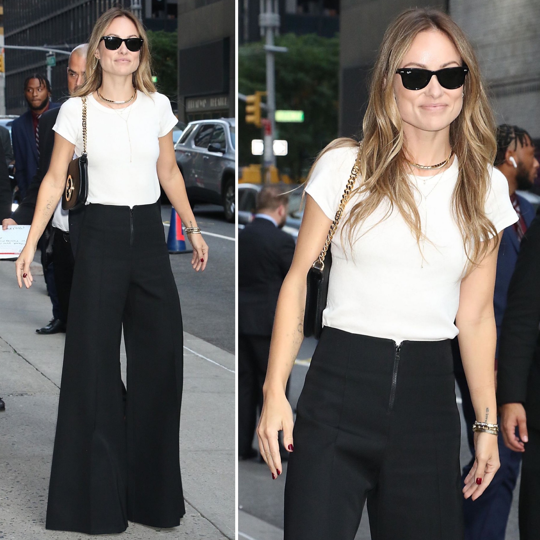 09/23/2022 Darling of the Day: Olivia Wilde's White Tee & Black Wide Leg  Pants in NYC!